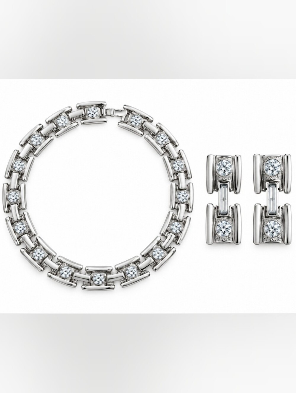Silver-Tone Crystal Tennis Necklace and Earrings Set